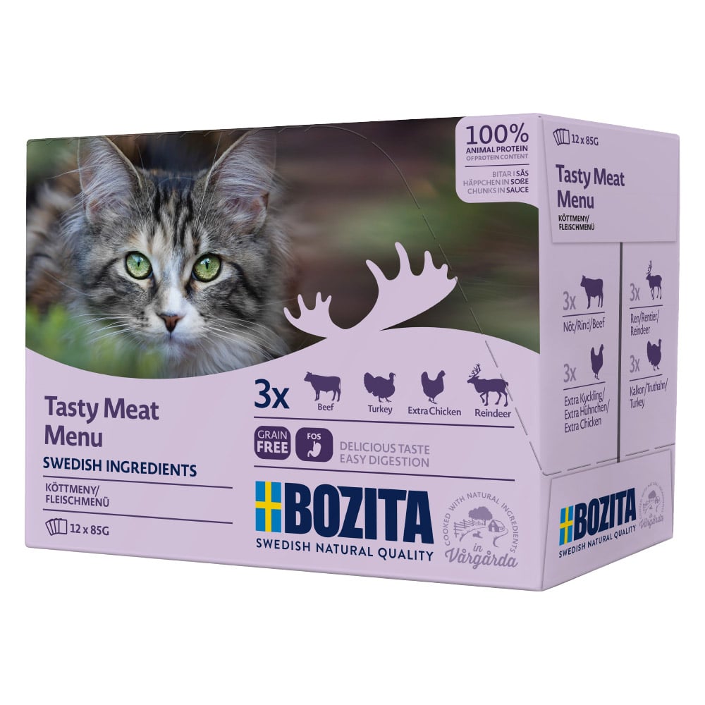 Blandpack: Bozita bitar i sås Pouch 12 x 85 g – Blandpack kött (4 sorter)