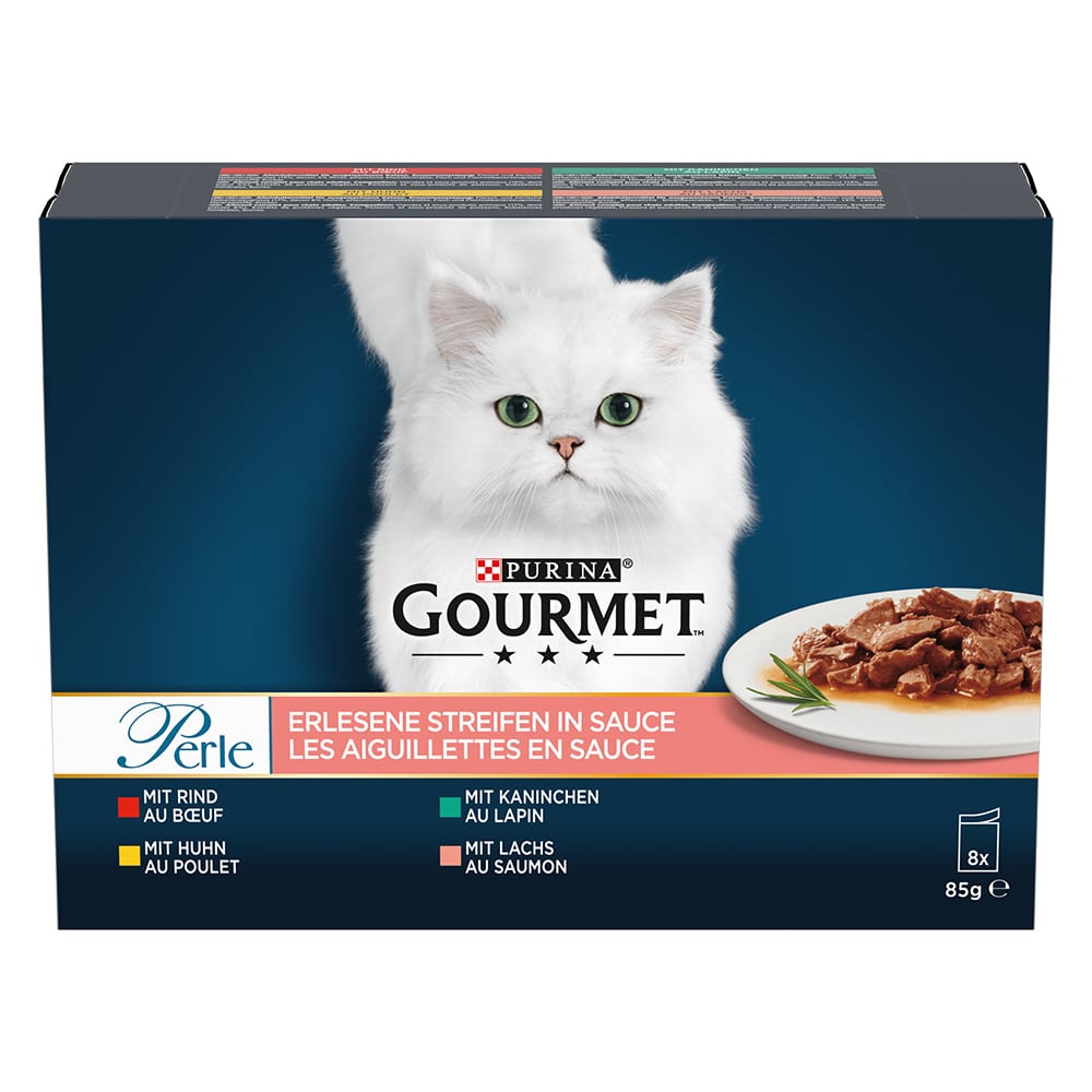Gourmet Perle blandpack 8 x 85 g - Mix nötkött, kyckling, kanin, lax