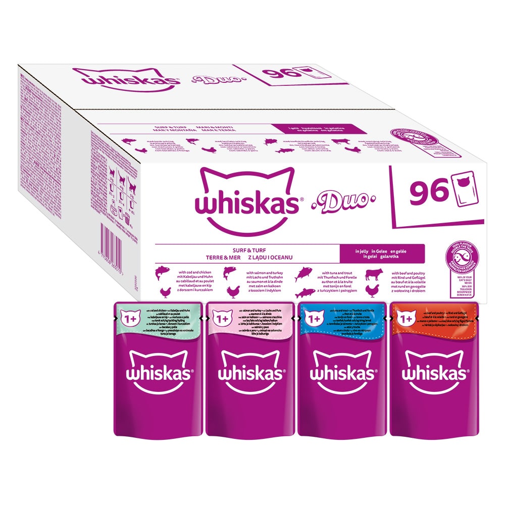 Jumbopack WHISKAS DUO portionspåse 96 x 85 g - Surf & Turf i gelé