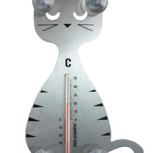 Termometer sittande kattmotiv silvrig