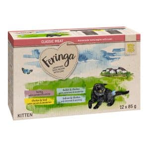 Ekonomipack: Feringa Classic Meat Menü Kitten portionspåsar 24 x 85 g - Mixpack I: Kalkon, Kyckling & kalv, Kanin & kyckling, Lax & kyckling