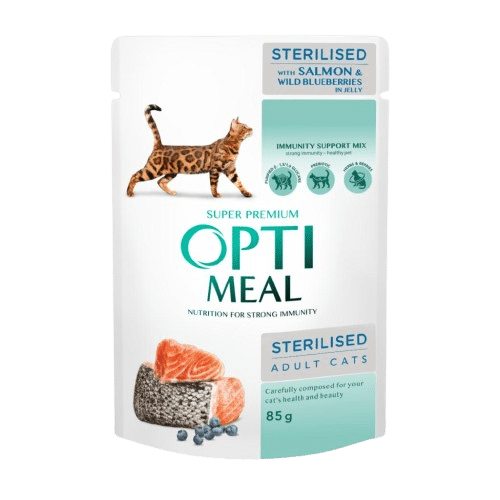 Canned Food For Sterilised Cats Salmon And Blueberries 12 x 85 g - Katt - Kattfoder & kattmat - Blötmat & våtfoder till katt - Optimeal - ZOO.se