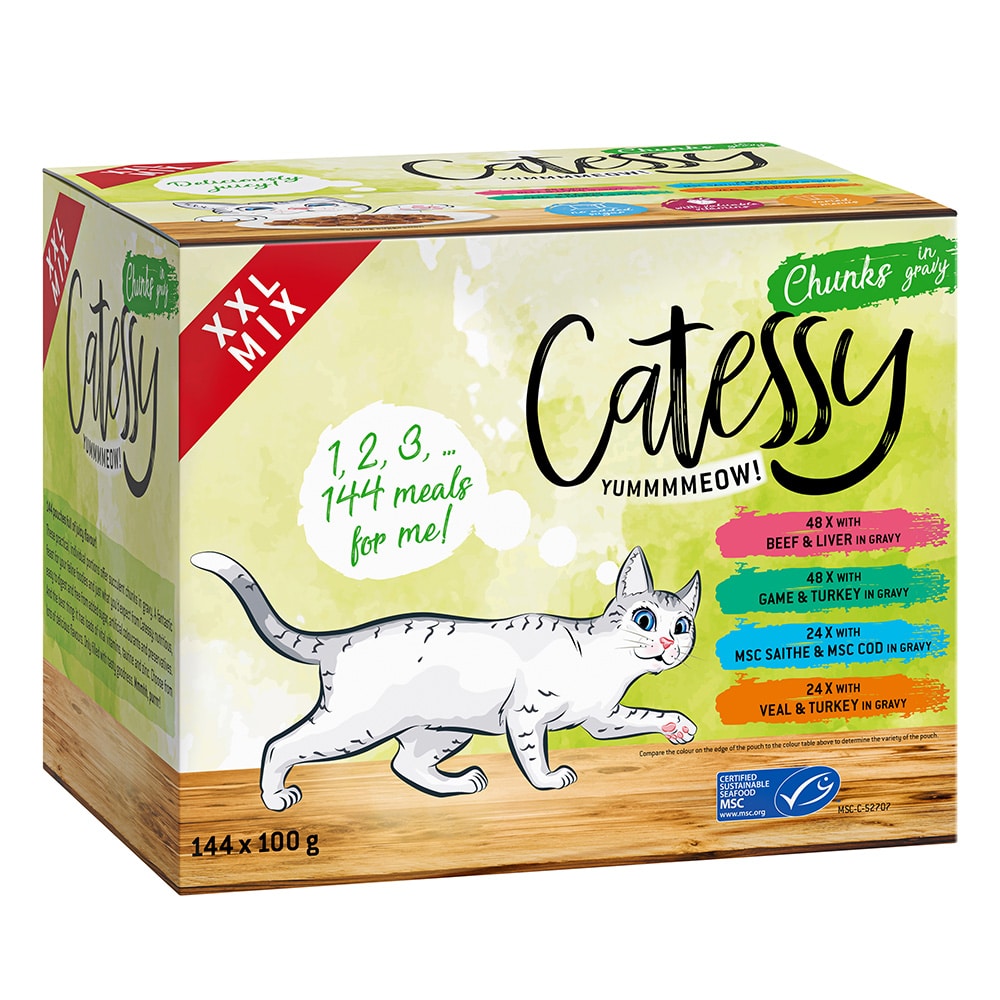 Ekonomipack: Catessy XXL mixpack bitar i sås eller gelé 144 x 100 g - XXL mixpack II med 4 sorter i sås
