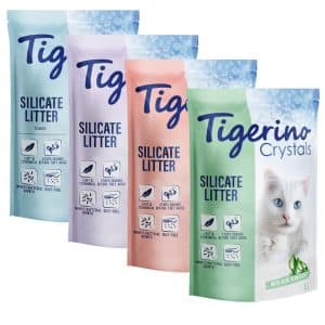 5 + 1 på köpet! 6 x 5 l Tigerino Crystals kattströ - 4 olika sorter - Classic, Flower Power, Lavender & Aloe Vera
