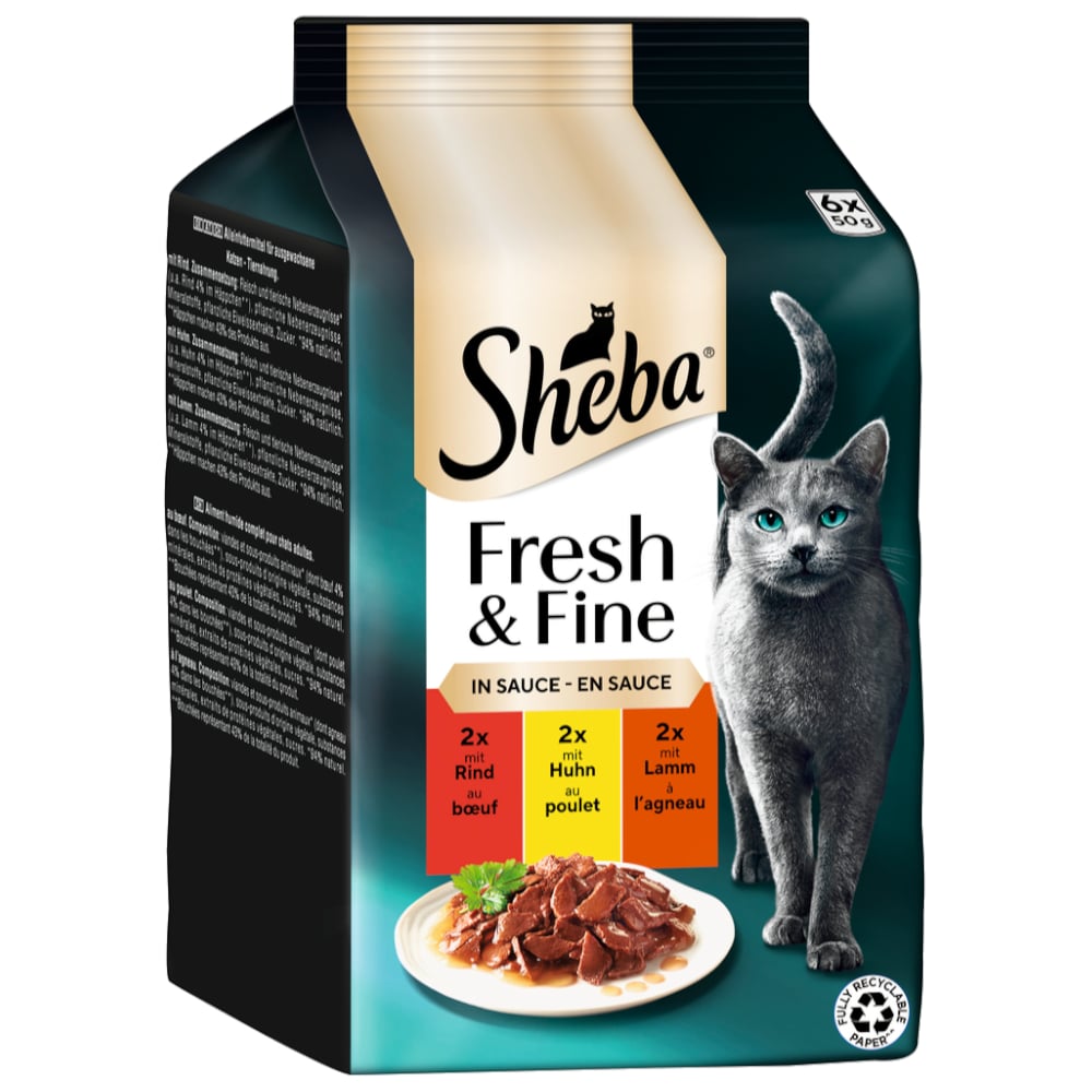 Sheba Fresh & Fine 6 x 50 g - Nötkött + Kyckling + Lamm i sås