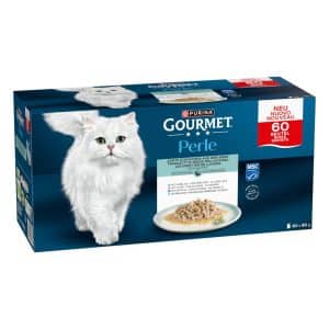 Mixpack: Gourmet Perle 60 x 85 g - Möra bitar från havet i sås (lax, torsk, rödspätta, sej)